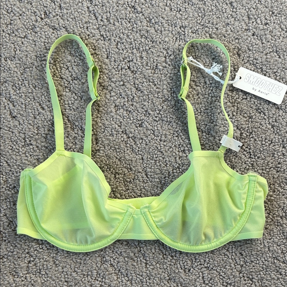 Aerie SMOOTHEZ Mesh Unlined Bra Full Coverage Balconette Bra Neon Green 32C NWT